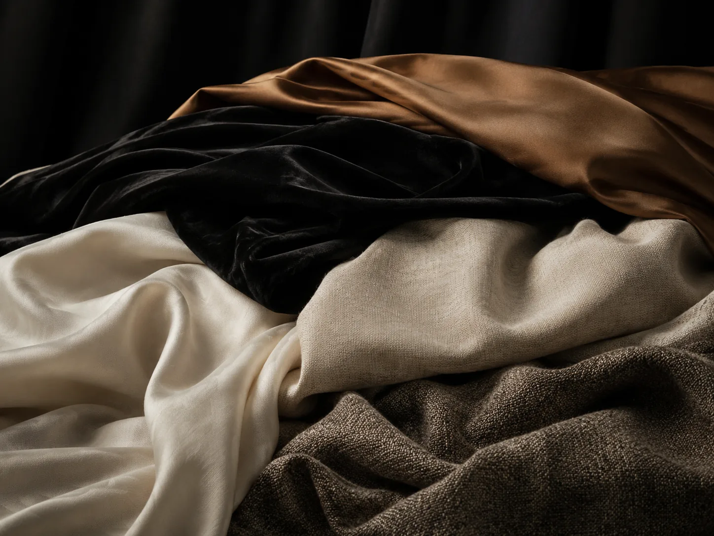 Layers of premium fabric drapes in a dark studio