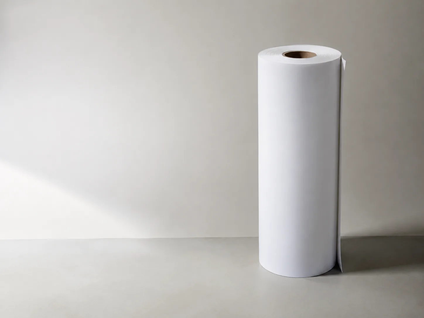 A giant roll of white seamless backdrop paper in a studio