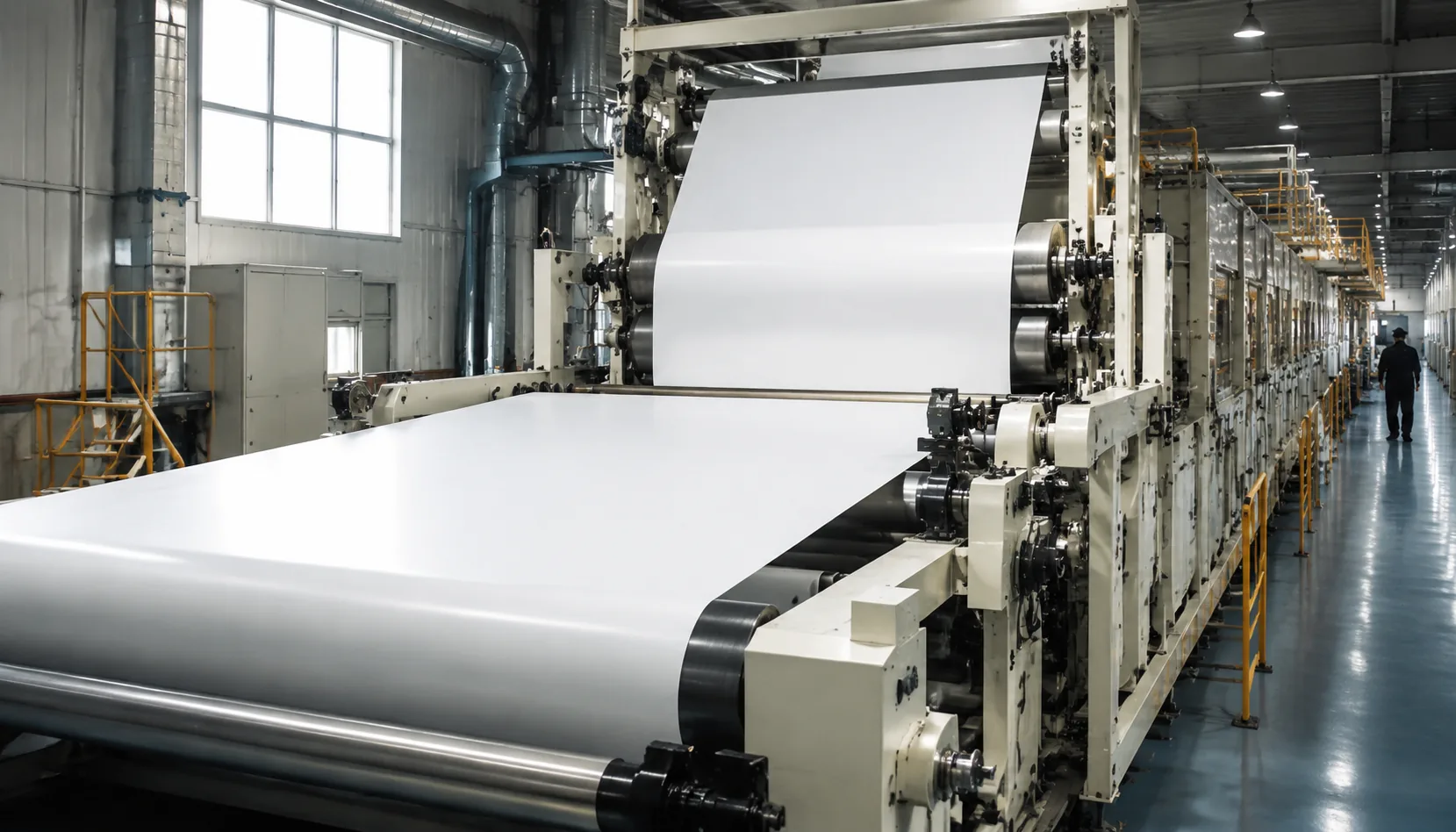 Wide paper coating production line with rollers in a clean factory