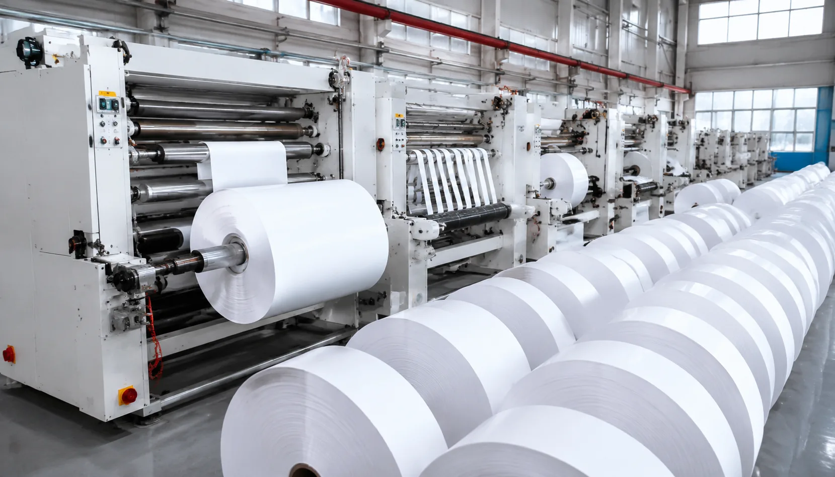 Automated paper slitting and rewinding machines with finished rolls