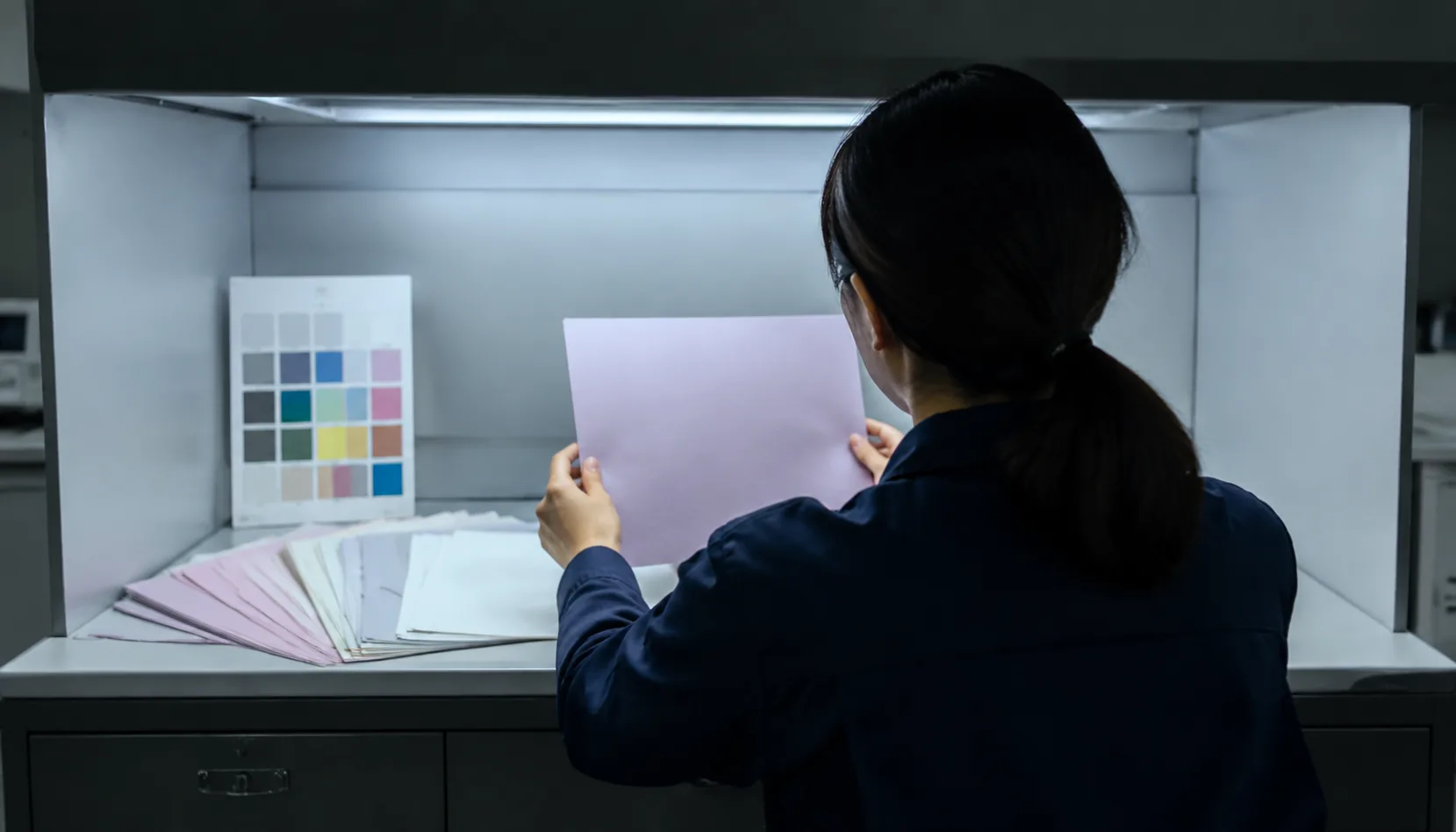 Quality inspector checking paper color samples under a standard light booth
