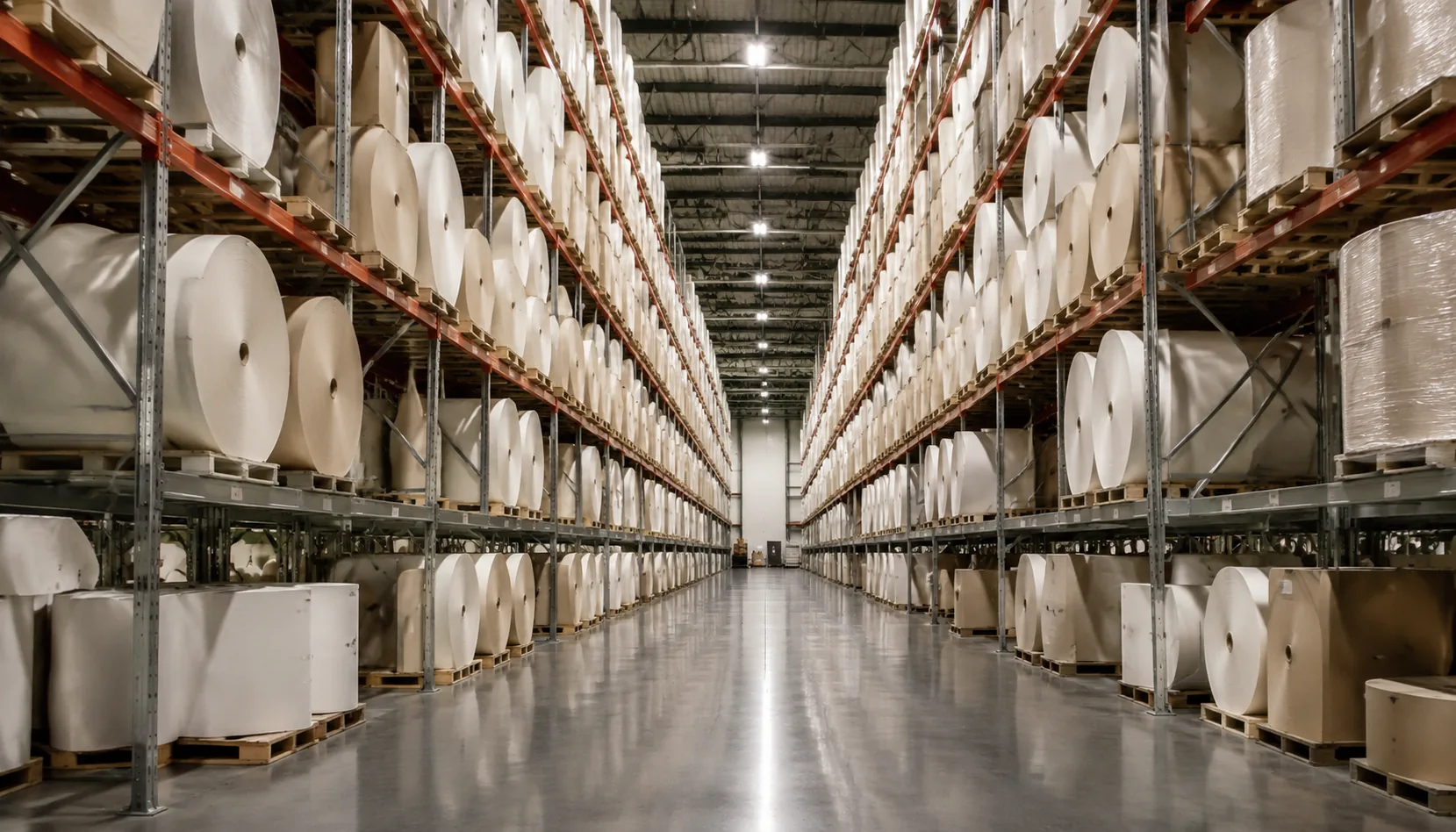 Warehouse racks fully stocked with paper rolls