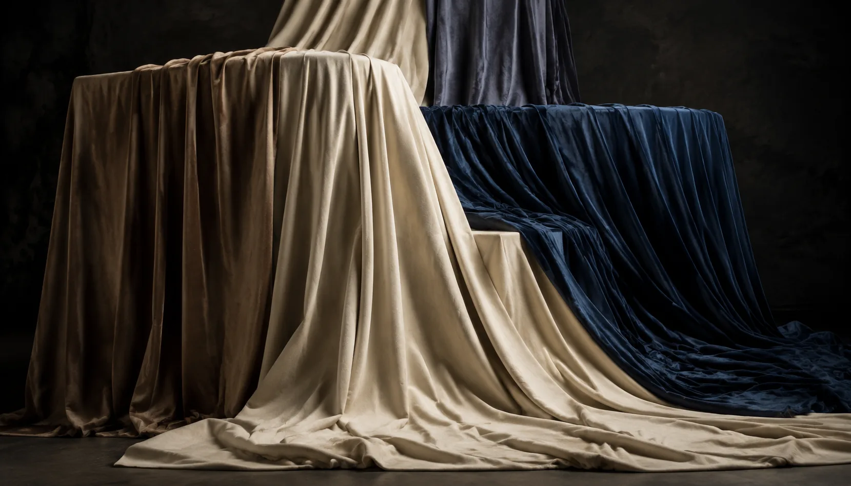 Large sheets of fabric cascading in a dark studio